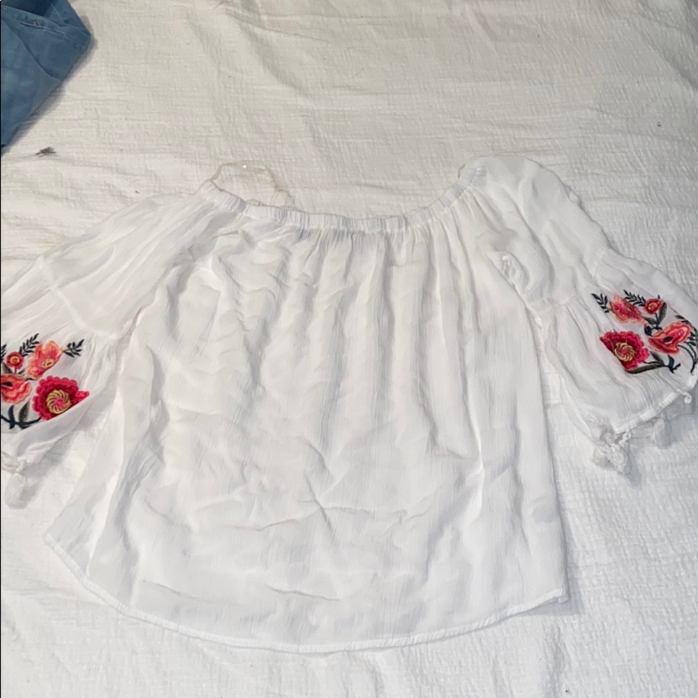Off the shoulder white and floral blouse